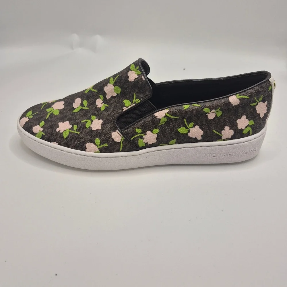 Michael Kors Keaton Slip On Sneakers Floral MK Monogram Brown Pink 9.5M FT20L